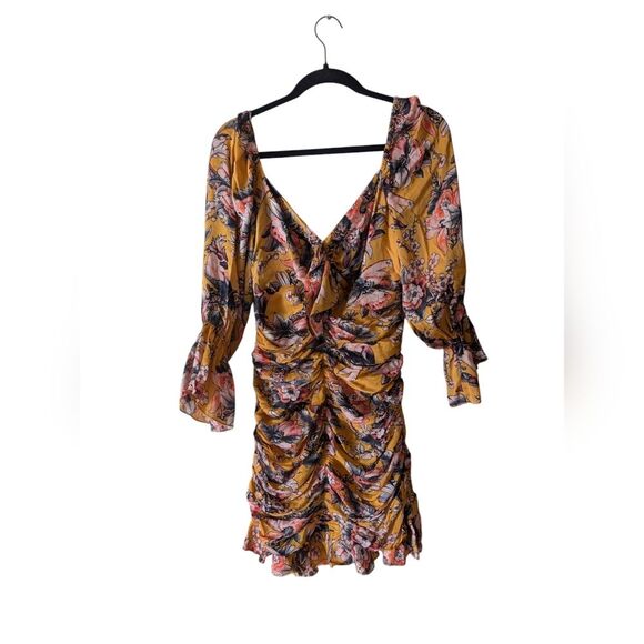 Anthropologie Ranna Gill Ruched Floral Minu Ruffle Yellow Puff Sleeve Size M - Picture 7 of 11